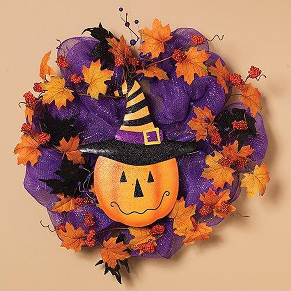 NWT Halloween fall wreath pumpkin witch